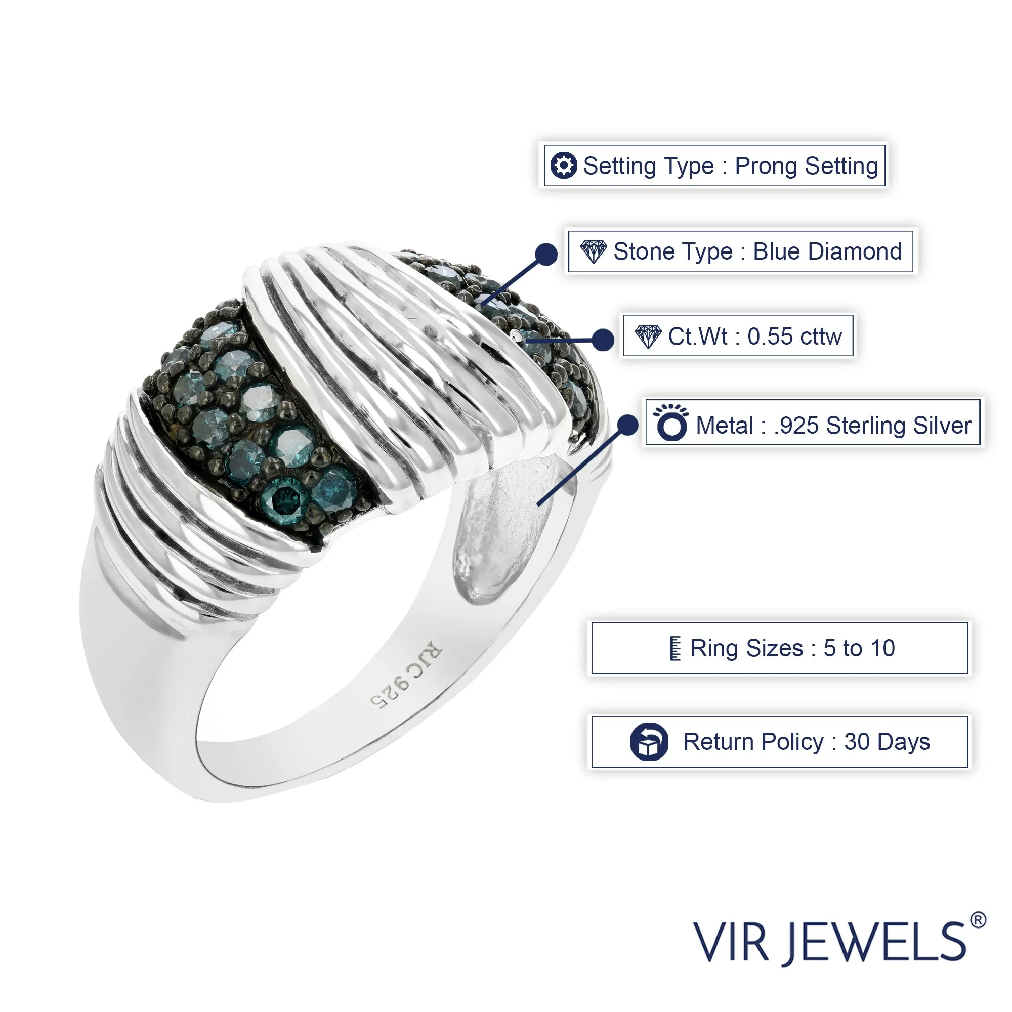 0.55 cttw Blue Cluster Diamond Statement Ring in Sterling Silver