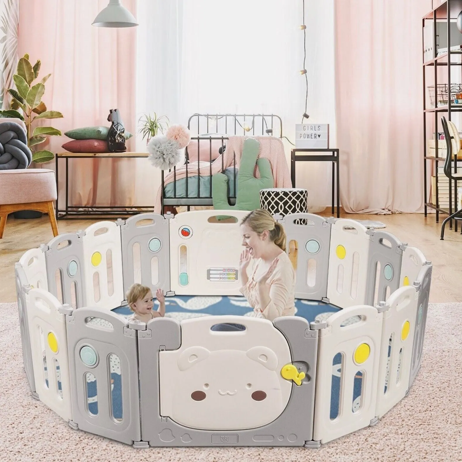 16 Panel Bear Non-Toxic Recyclable Foldable Baby Playpen | Beige & Grey