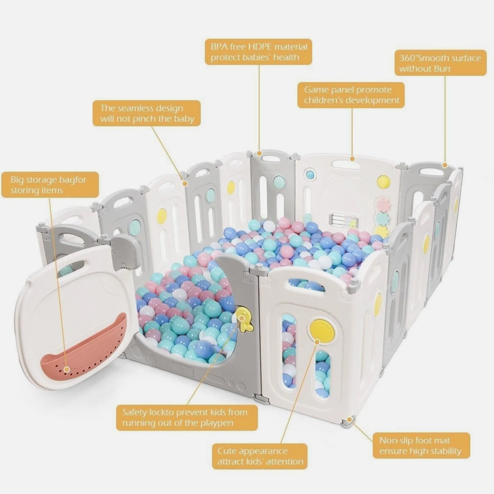 16 Panel Bear Non-Toxic Recyclable Foldable Baby Playpen | Beige & Grey