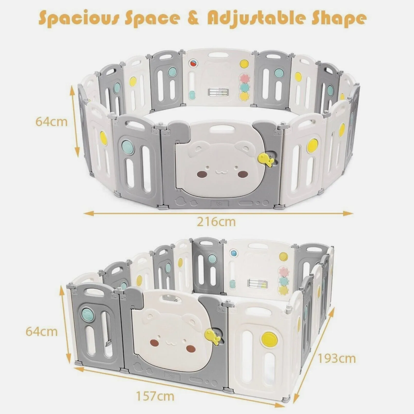 16 Panel Bear Non-Toxic Recyclable Foldable Baby Playpen | Beige & Grey