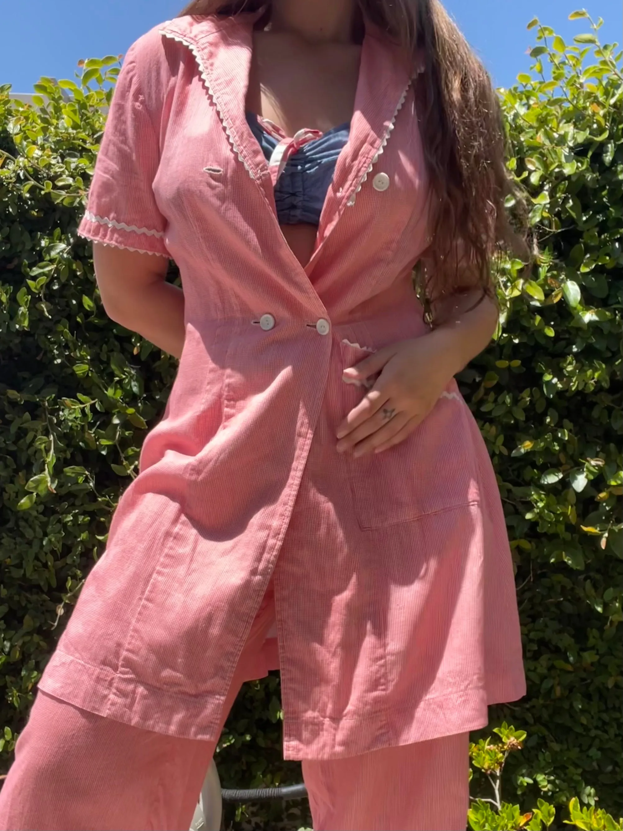 1940s Picnic Blanket Gingham Two Pice Side Button Lounge Set