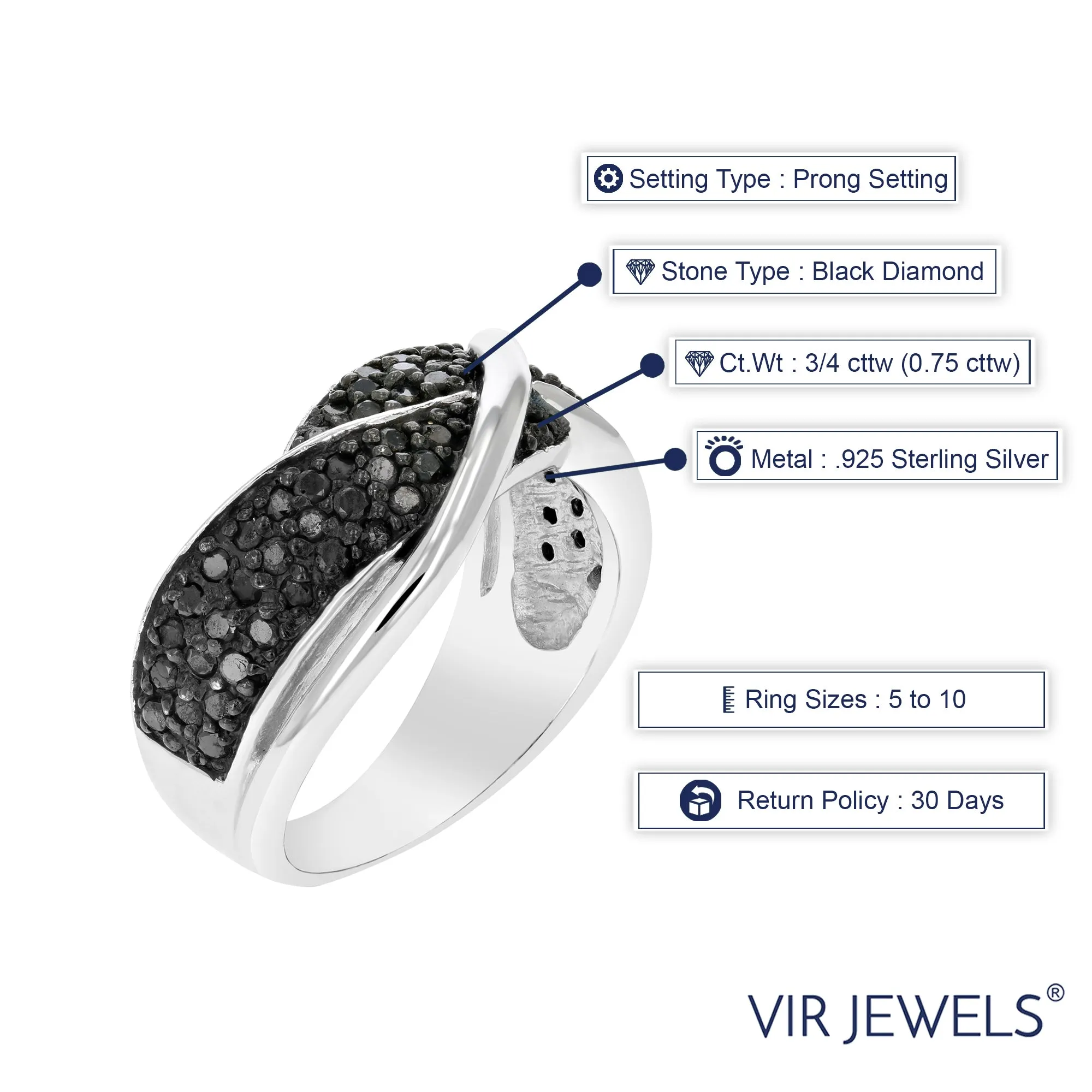 3/4 cttw Black Diamond Ring in Sterling Silver