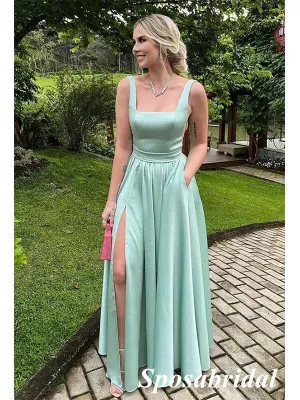 A Line Soft Satin Spaghetti Straps Split Long Prom Dress Formal Party Dress, PD3985