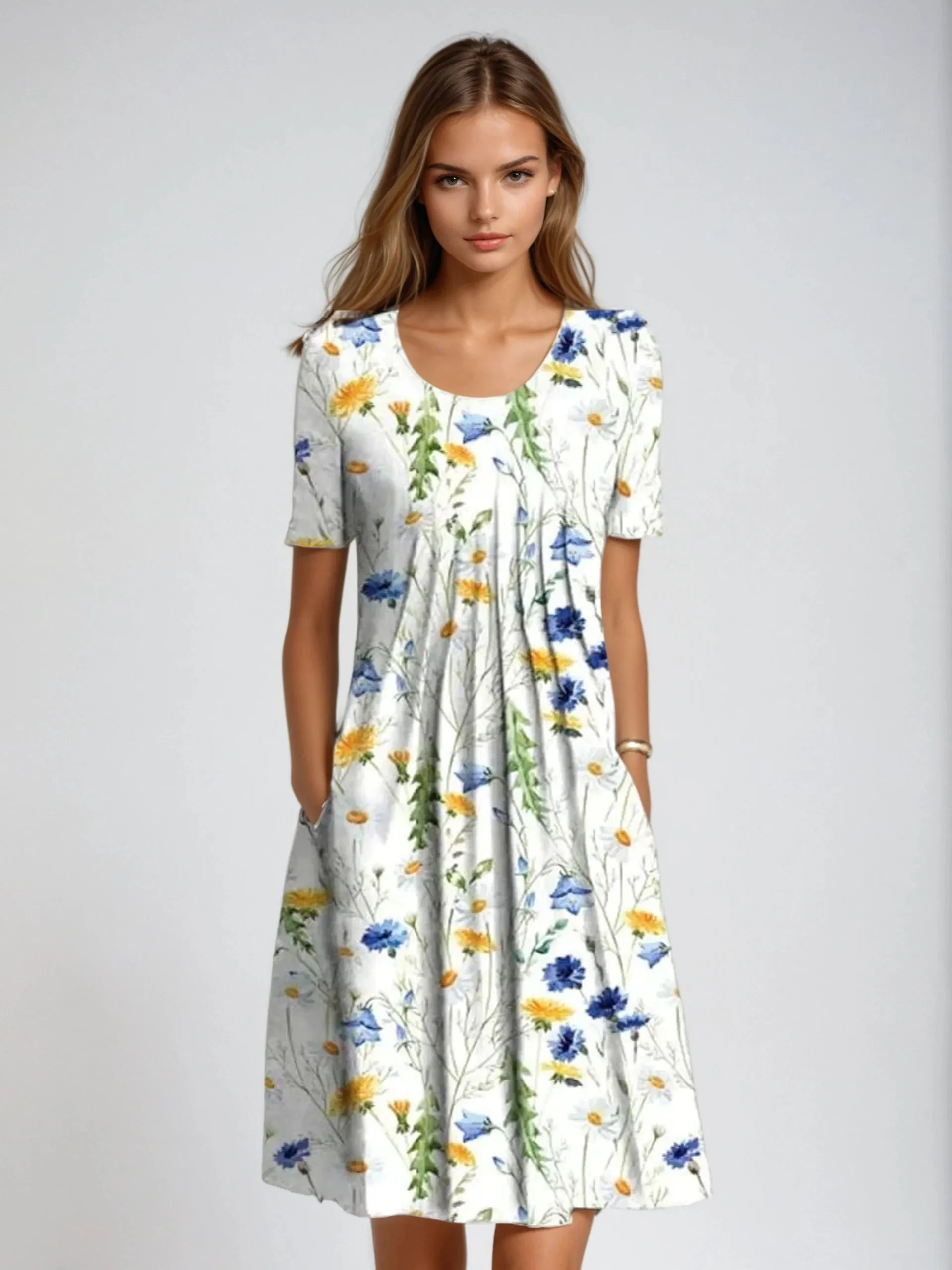 Adelina - Short Sleeve Floral Midi Dress - Elegant & Breezy