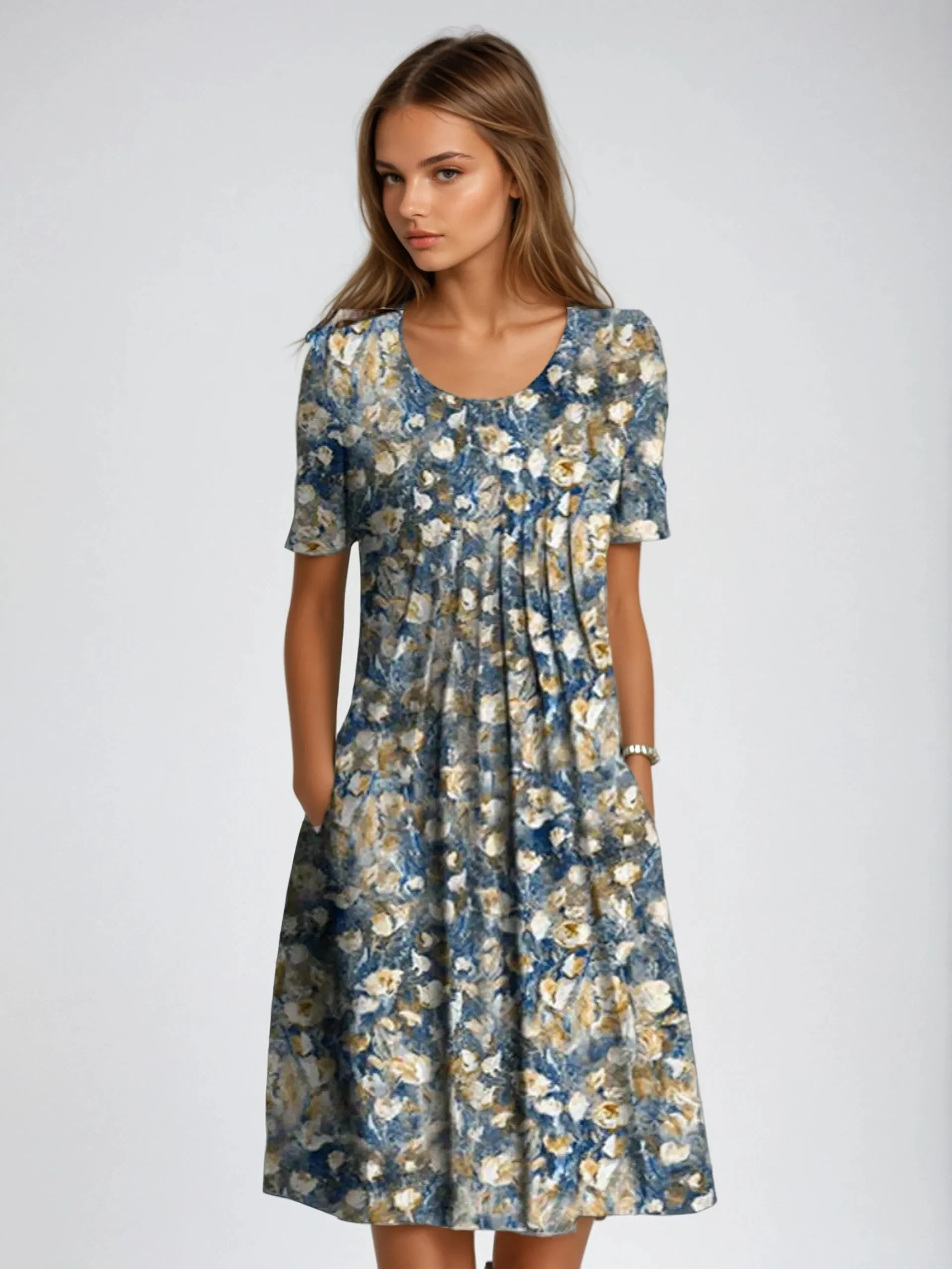 Adelina - Short Sleeve Floral Midi Dress - Elegant & Breezy