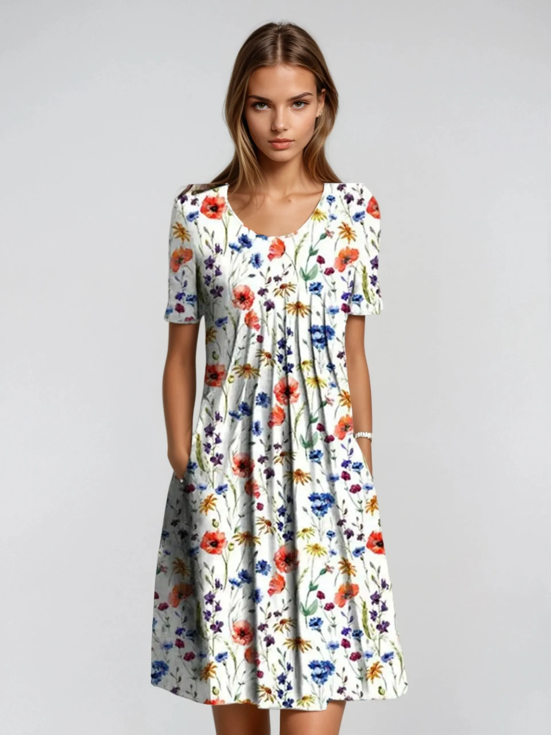Adelina - Short Sleeve Floral Midi Dress - Elegant & Breezy