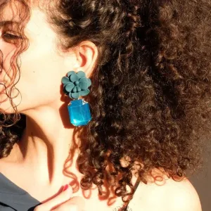 Adriatic Sea Blue Breezy Hibiscus Earrings - Emerald Cut Hand Painted Resin Pendant