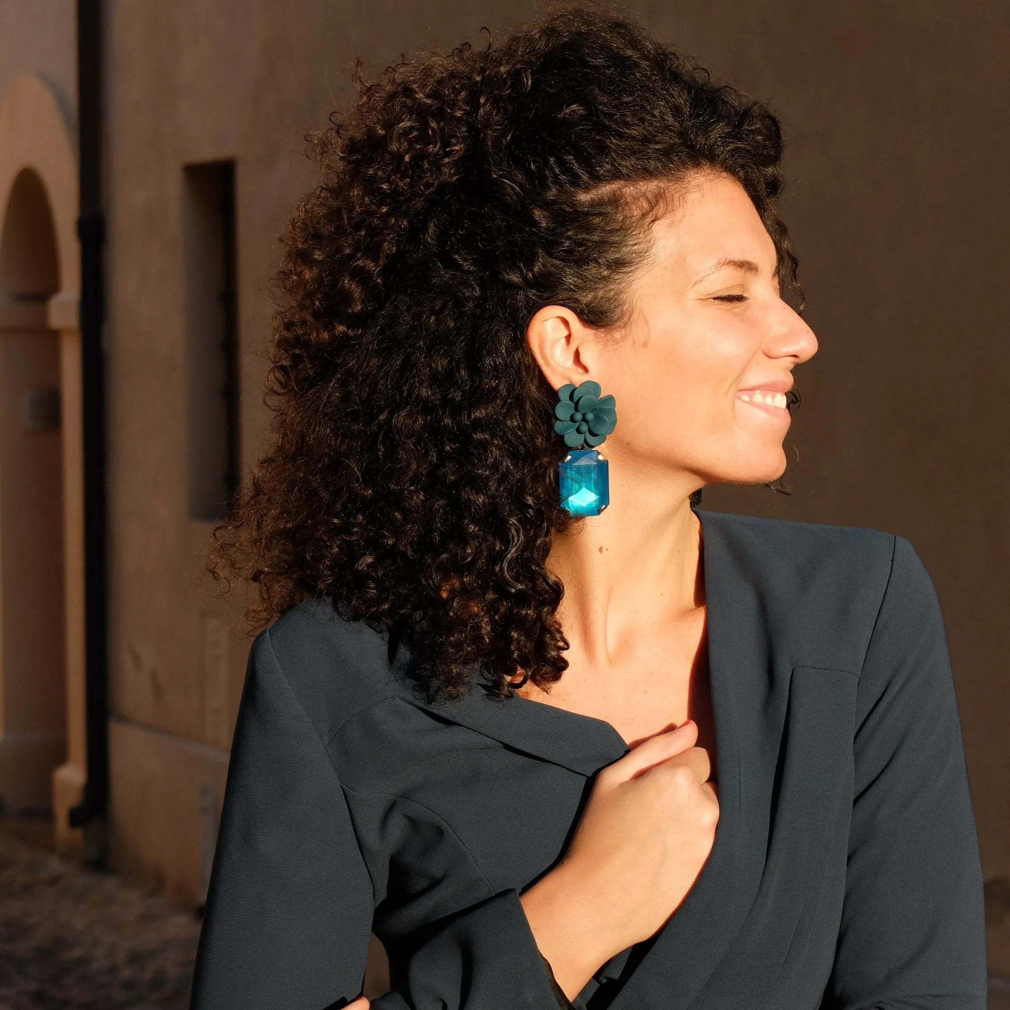 Adriatic Sea Blue Breezy Hibiscus Earrings - Emerald Cut Hand Painted Resin Pendant