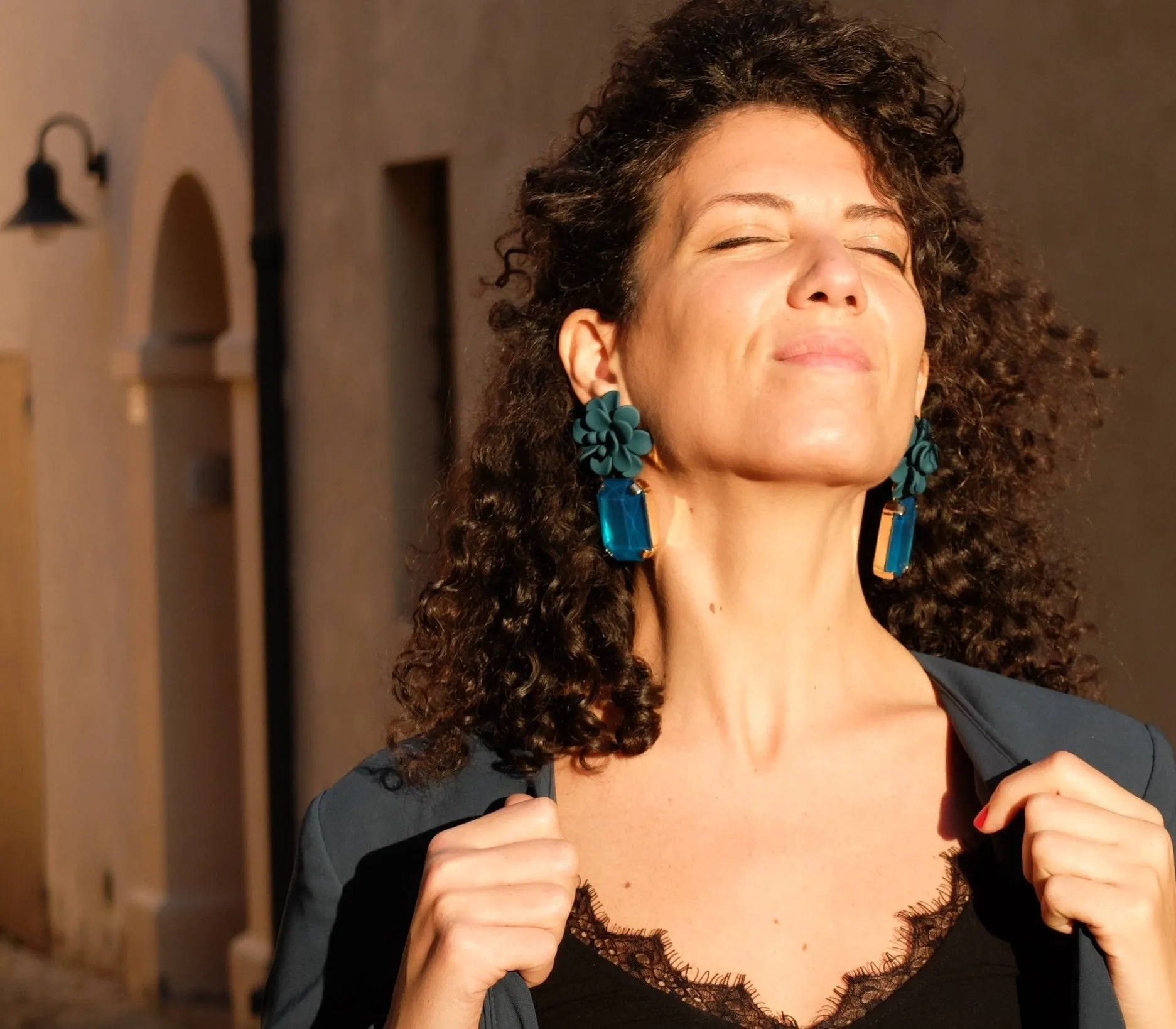 Adriatic Sea Blue Breezy Hibiscus Earrings - Emerald Cut Hand Painted Resin Pendant