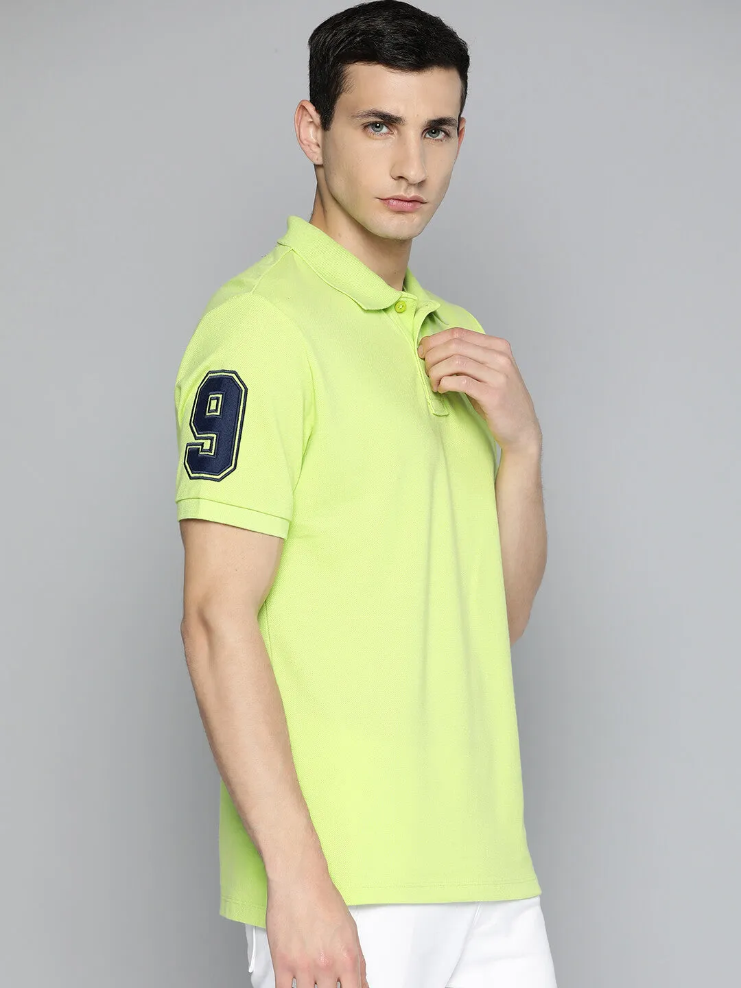 Alcis Men Lime Green Typography Printed Polo Collar Slim Fit T-shirt