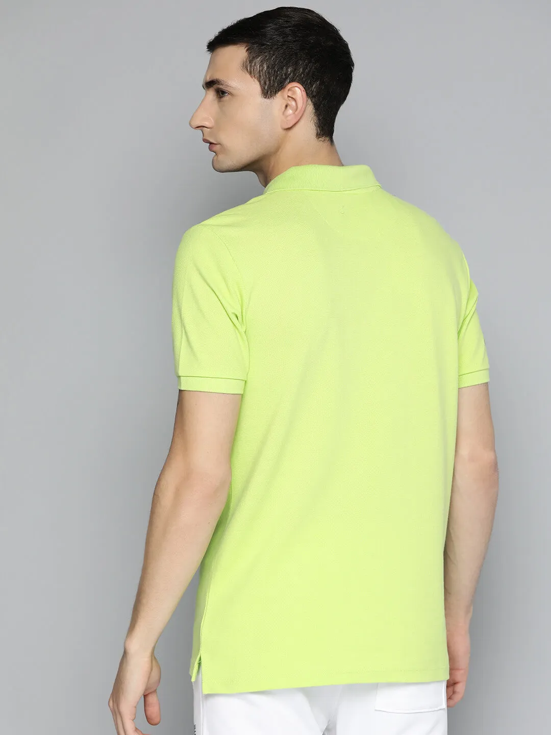 Alcis Men Lime Green Typography Printed Polo Collar Slim Fit T-shirt