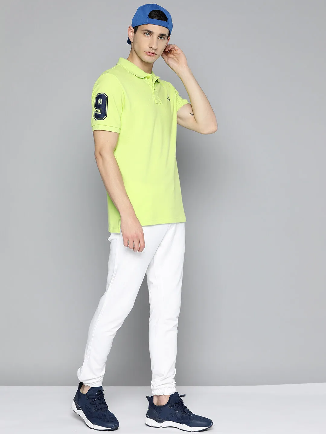 Alcis Men Lime Green Typography Printed Polo Collar Slim Fit T-shirt