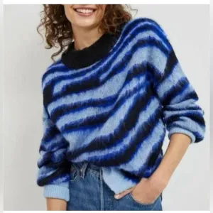 ANTHROPOLOGIE Salma Striped Eyelash Sweater Blue Motif Size M