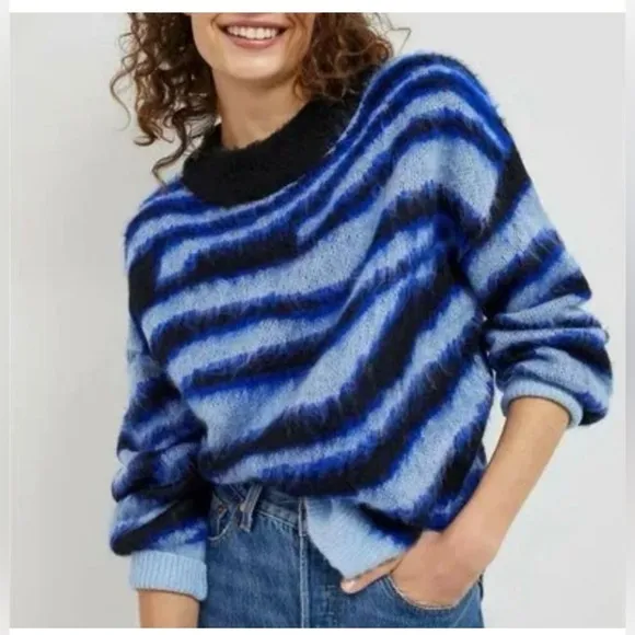 ANTHROPOLOGIE Salma Striped Eyelash Sweater Blue Motif Size M