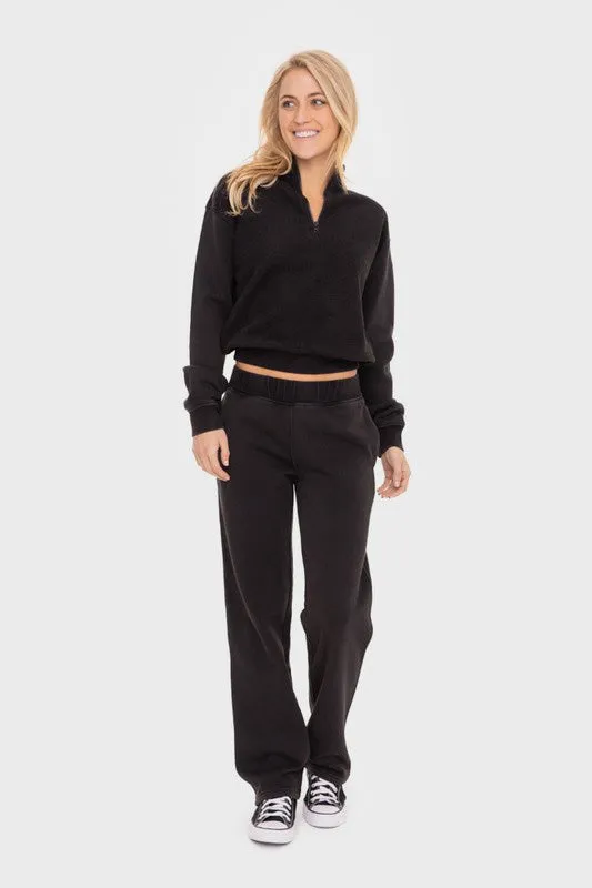 Black Elastic Waist Fleece Pants with Pockets