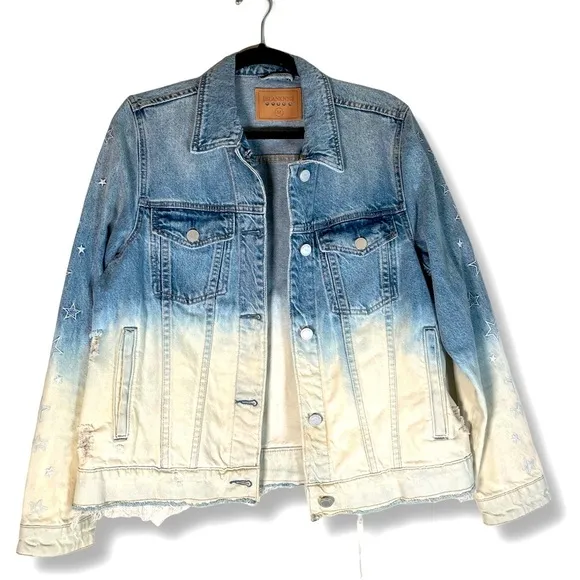 Blank NYC Raw Hem Ombré Distressed Denim Blue Jean Jacket STARS Sz M Slouchy