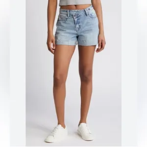 Blank NYC Women's Overlap Fly Mom Shorts with Cut Off Finish Crossover Waist