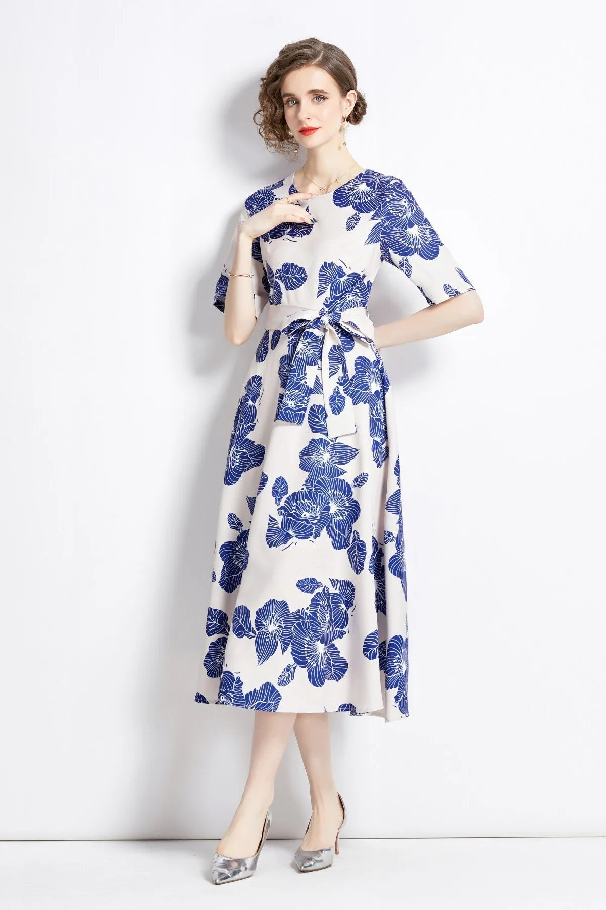 Blue Print Best-rated Vintage Dress Waist Act quickly Cinching Porcelain Midi