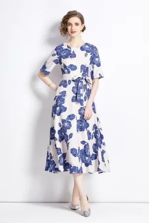 Blue Print Best-rated Vintage Dress Waist Act quickly Cinching Porcelain Midi