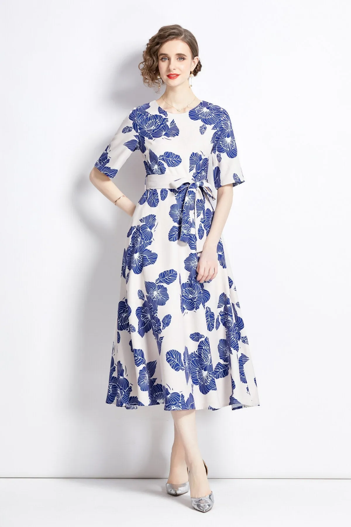 Blue Print Best-rated Vintage Dress Waist Act quickly Cinching Porcelain Midi