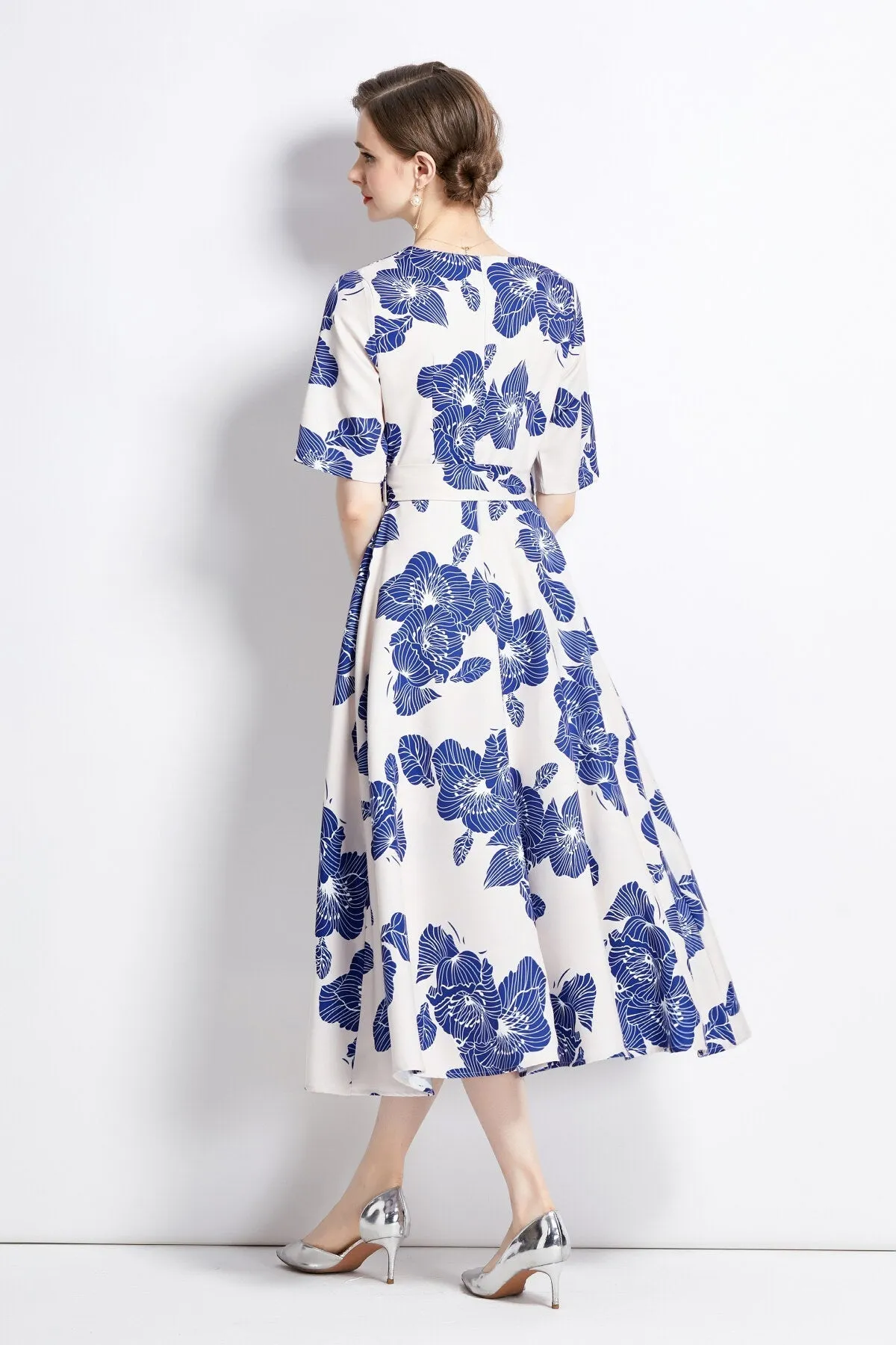 Blue Print Best-rated Vintage Dress Waist Act quickly Cinching Porcelain Midi