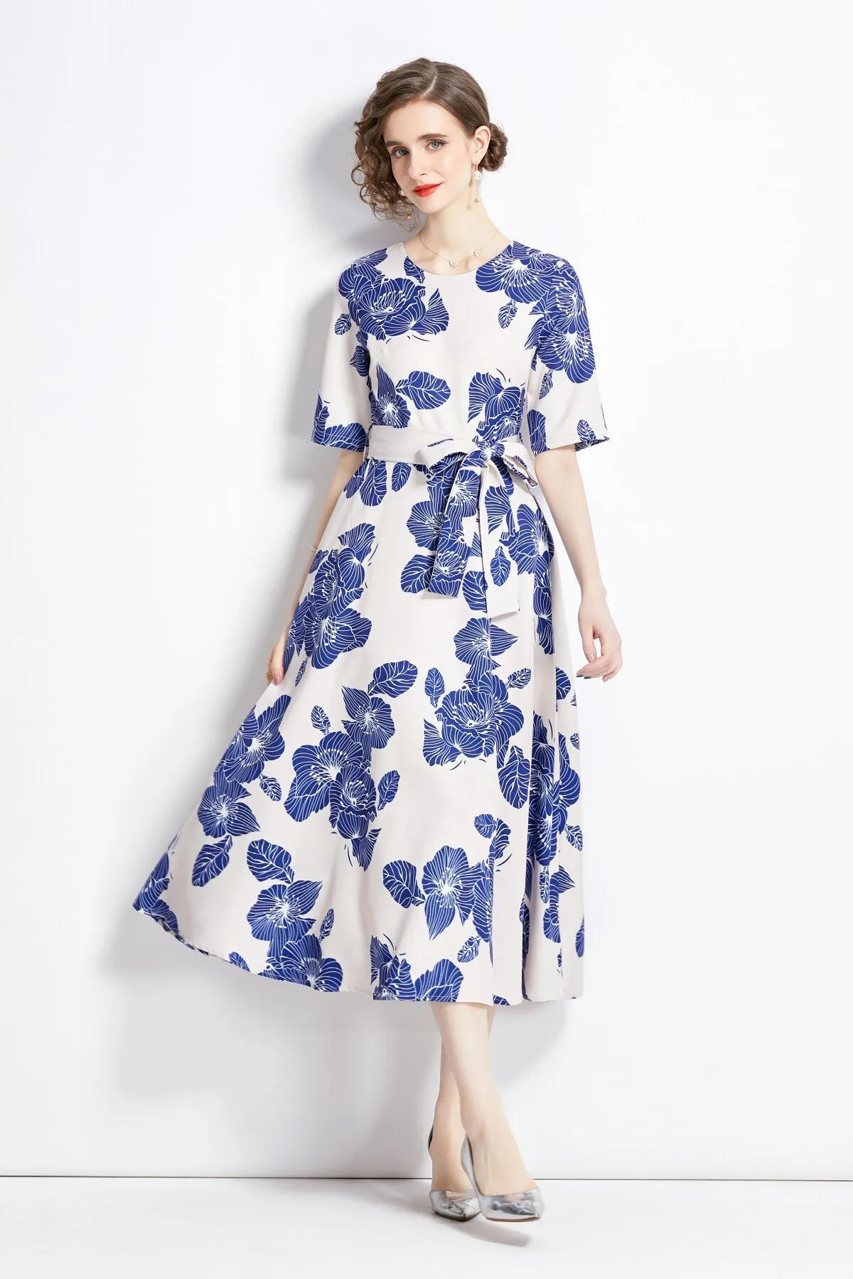 Blue Print Best-rated Vintage Dress Waist Act quickly Cinching Porcelain Midi