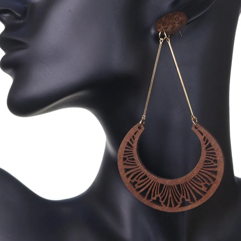 Brown Laser Cut Crescent Moon Dangle Earrings