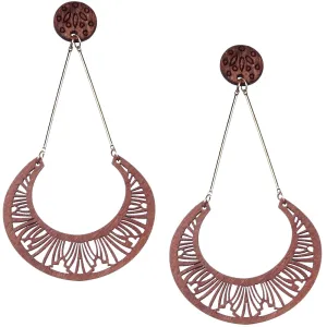 Brown Laser Cut Crescent Moon Dangle Earrings