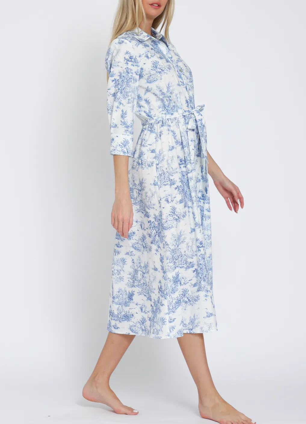 Button-Down 3/4 Sleeve Belted Midi Dress