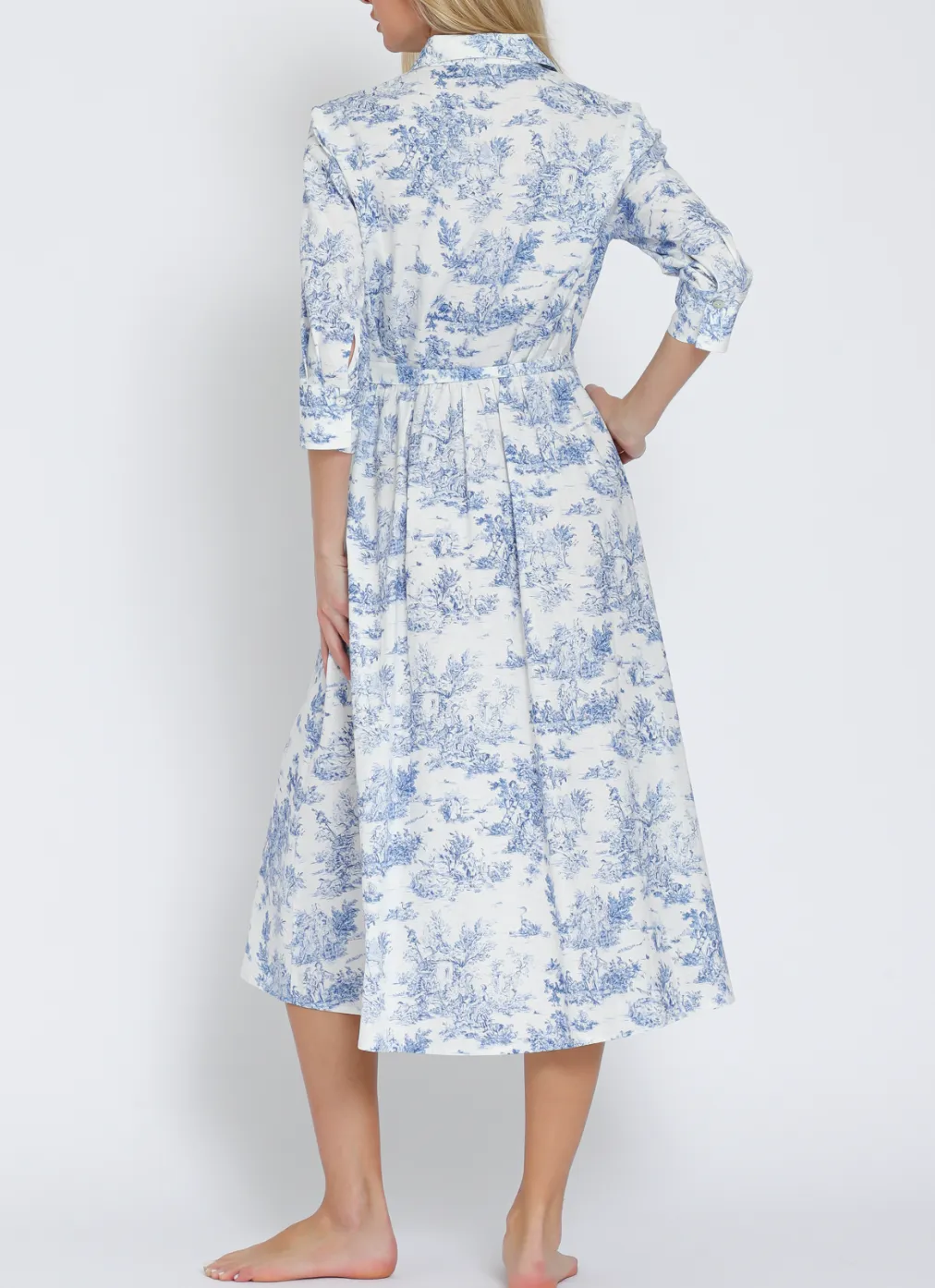 Button-Down 3/4 Sleeve Belted Midi Dress