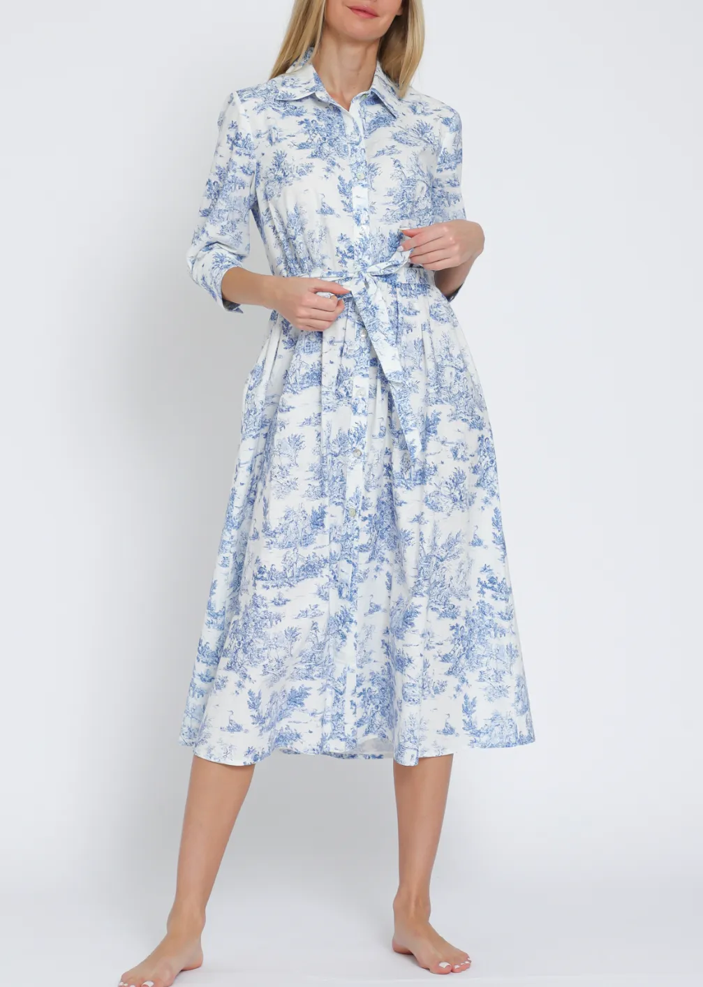 Button-Down 3/4 Sleeve Belted Midi Dress