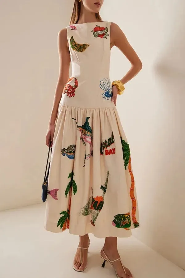 Chic Couture Unique Print Backless Gathered Hem Midi Dress
