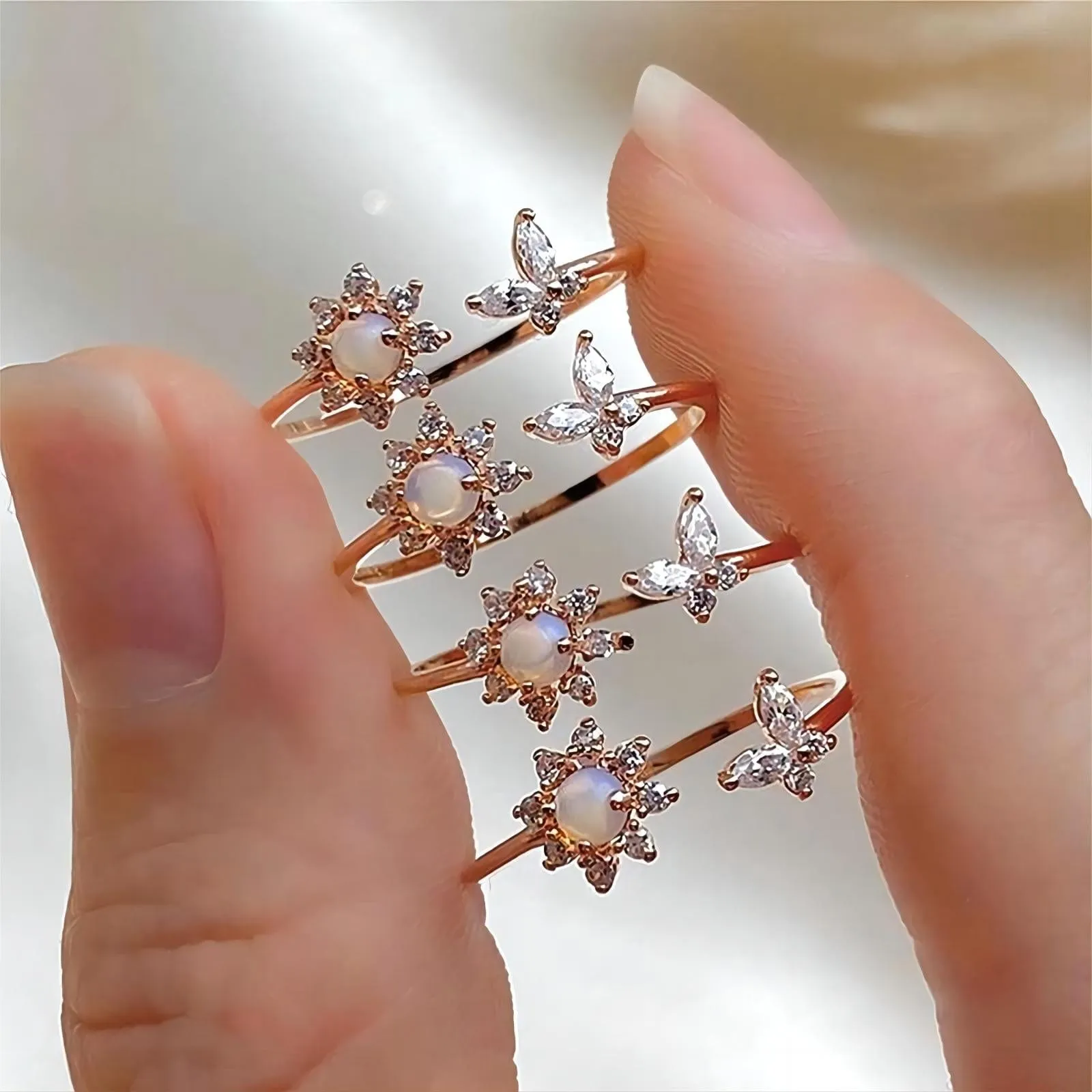 Chic CZ Inlaid Opal Floral Butterfly Ring