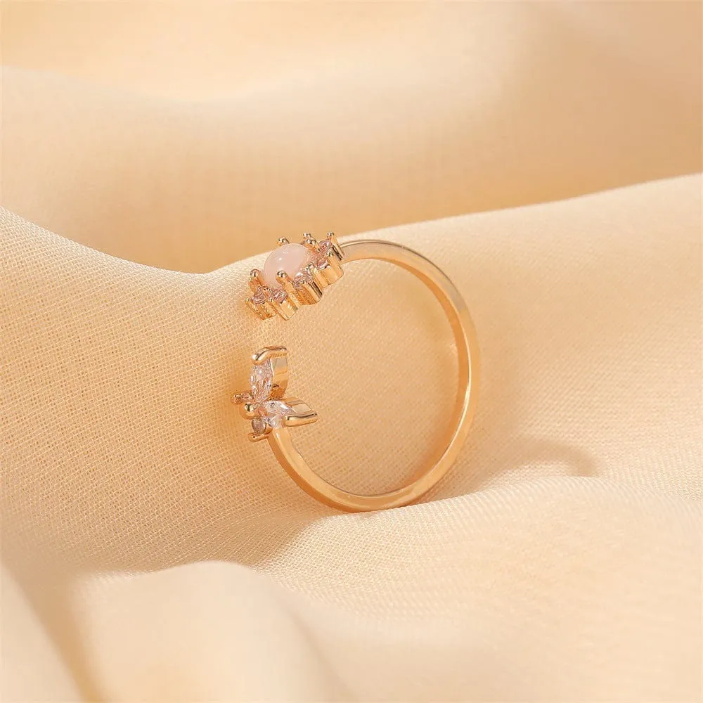 Chic CZ Inlaid Opal Floral Butterfly Ring