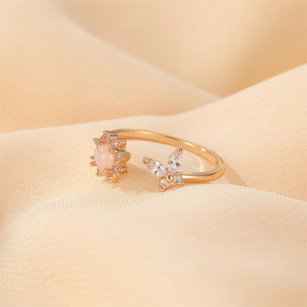 Chic CZ Inlaid Opal Floral Butterfly Ring