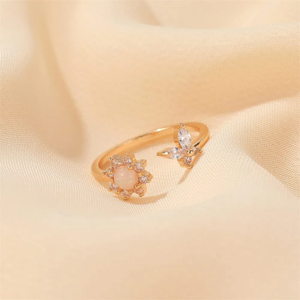 Chic CZ Inlaid Opal Floral Butterfly Ring