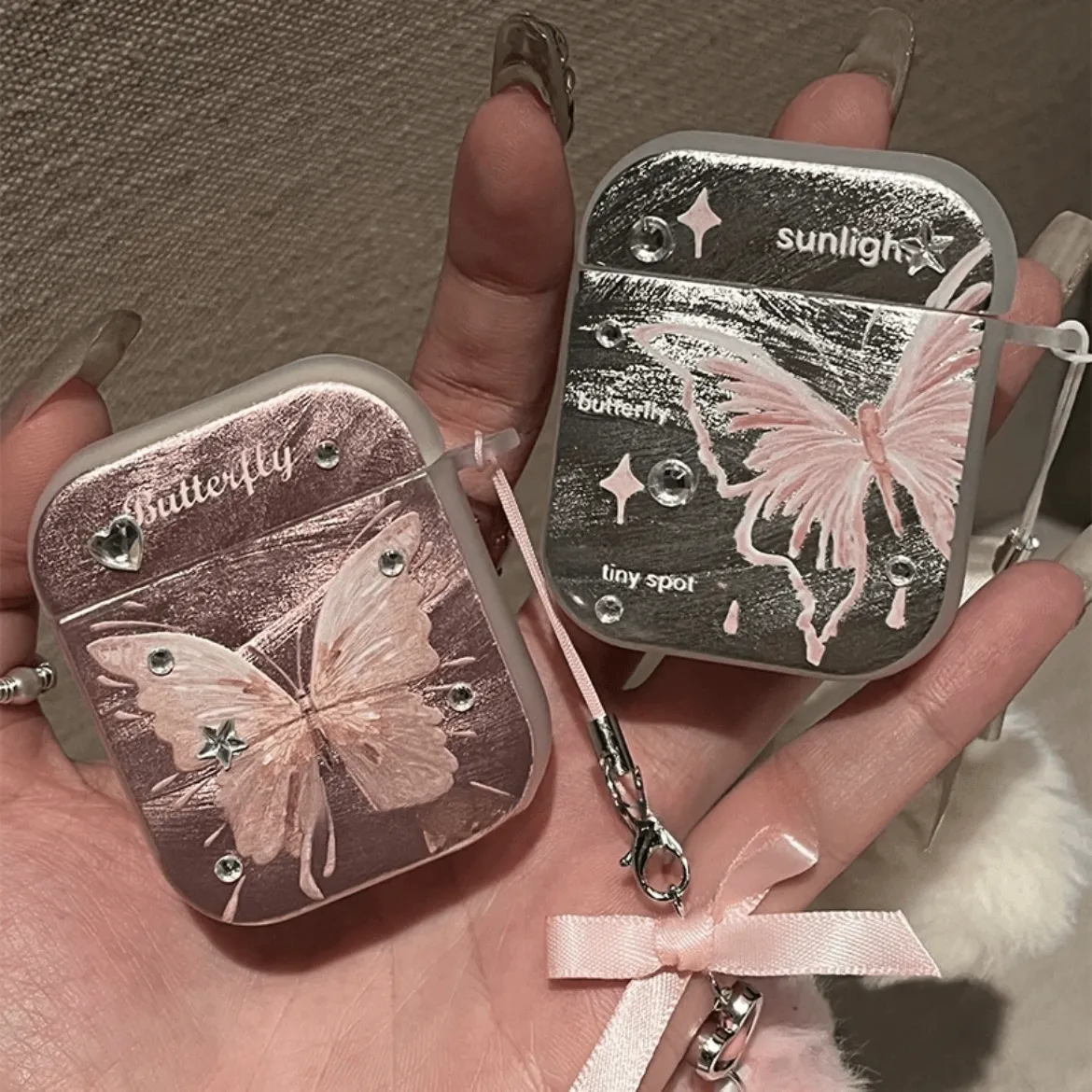 Chic Electroplated Butterfly AirPods Earphone Case With Plush Charm