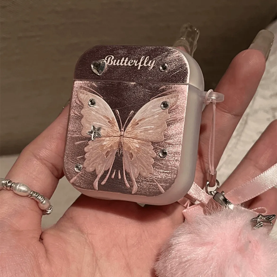 Chic Electroplated Butterfly AirPods Earphone Case With Plush Charm