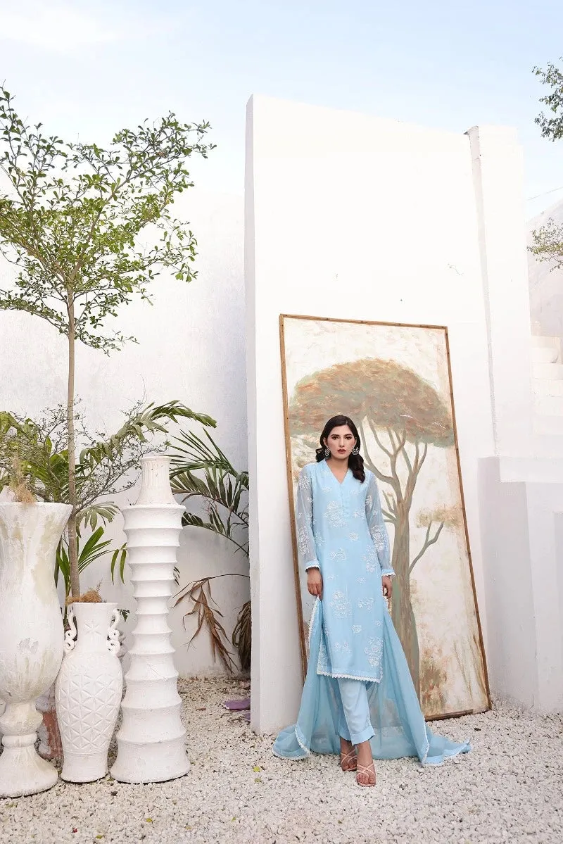 Chic Elegance: Chambre Blue Screenprint Ensemble 3-Piece Stitched