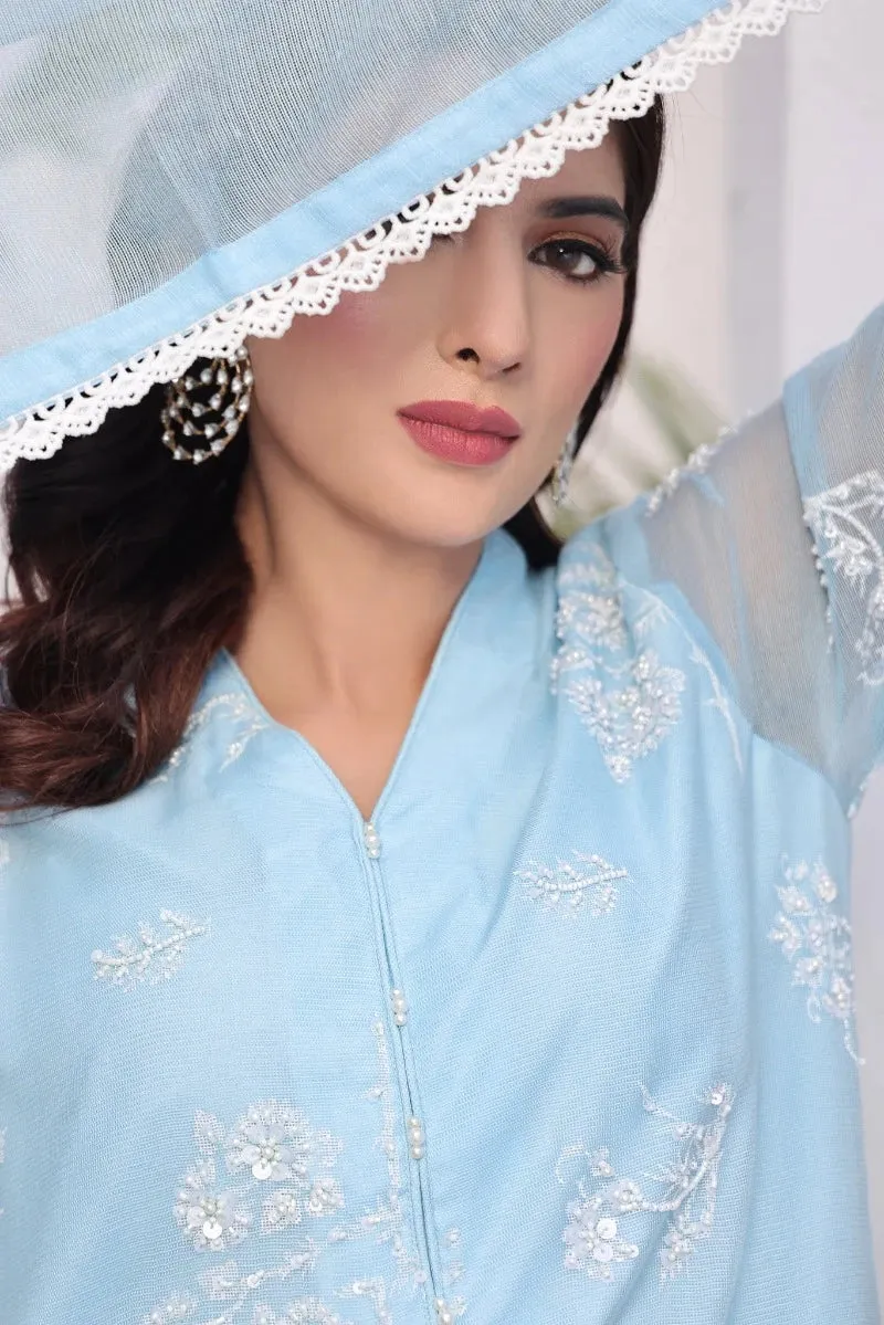 Chic Elegance: Chambre Blue Screenprint Ensemble 3-Piece Stitched