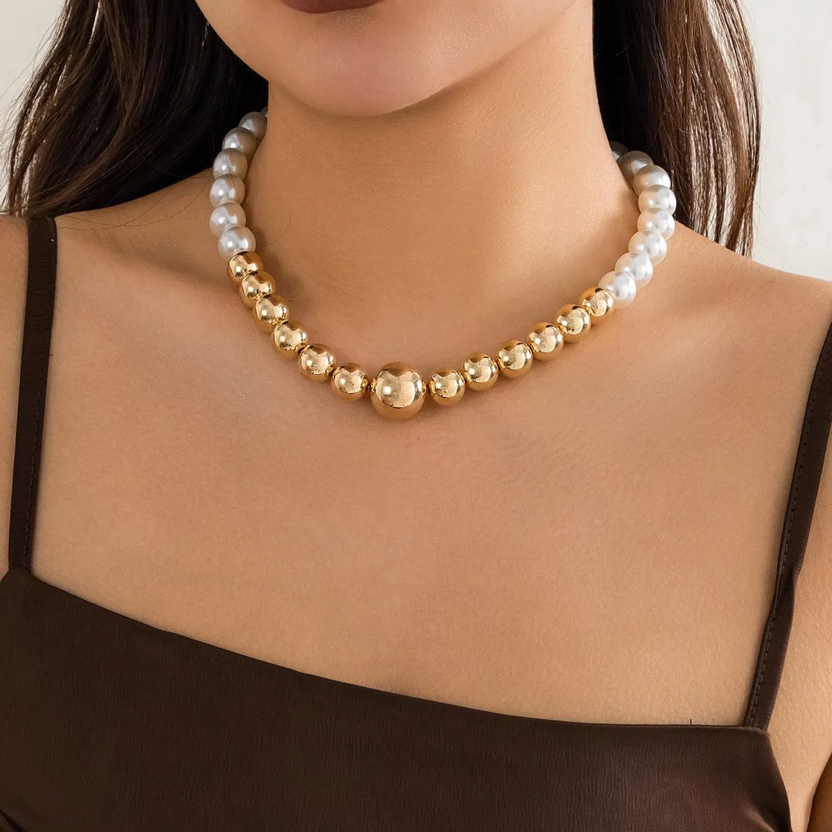 Chic Gold Plated Pearl Chain Choker Necklace