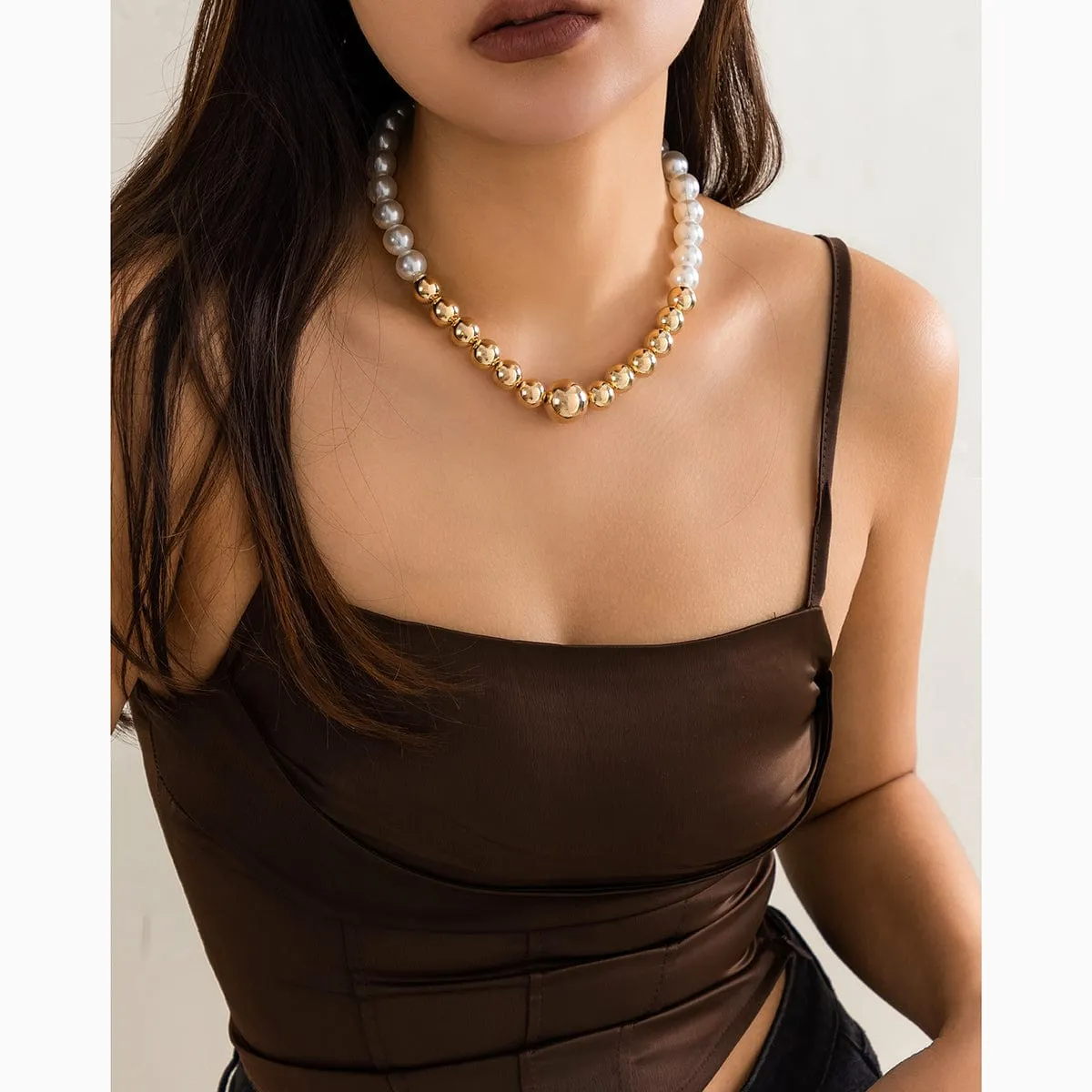 Chic Gold Plated Pearl Chain Choker Necklace
