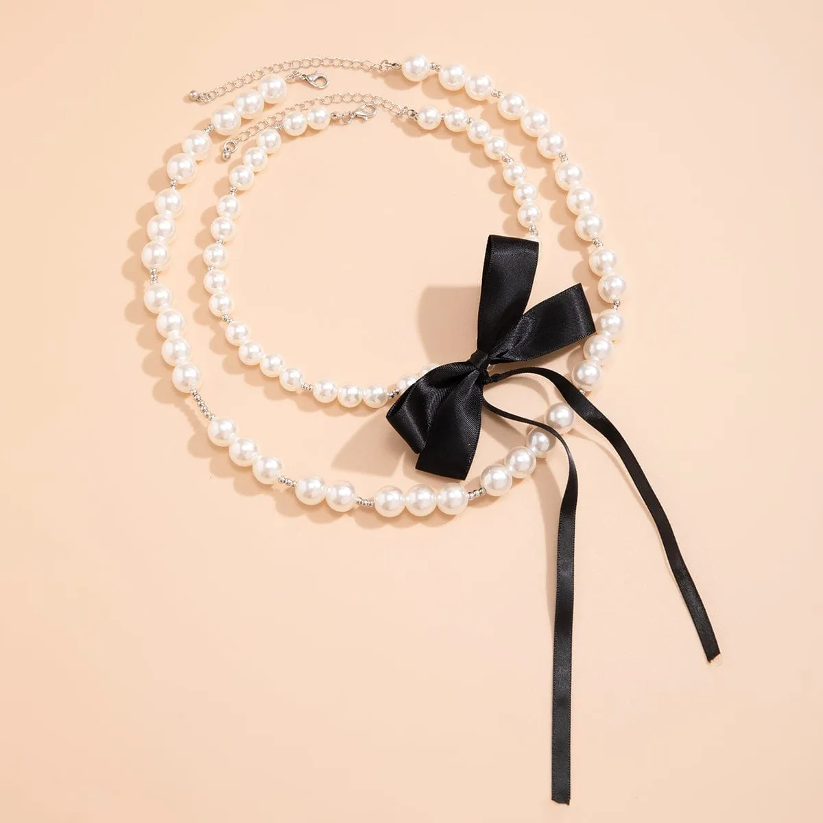 Chic Layered Bowknot Ribbon Pearl Chain Choker Necklace Set