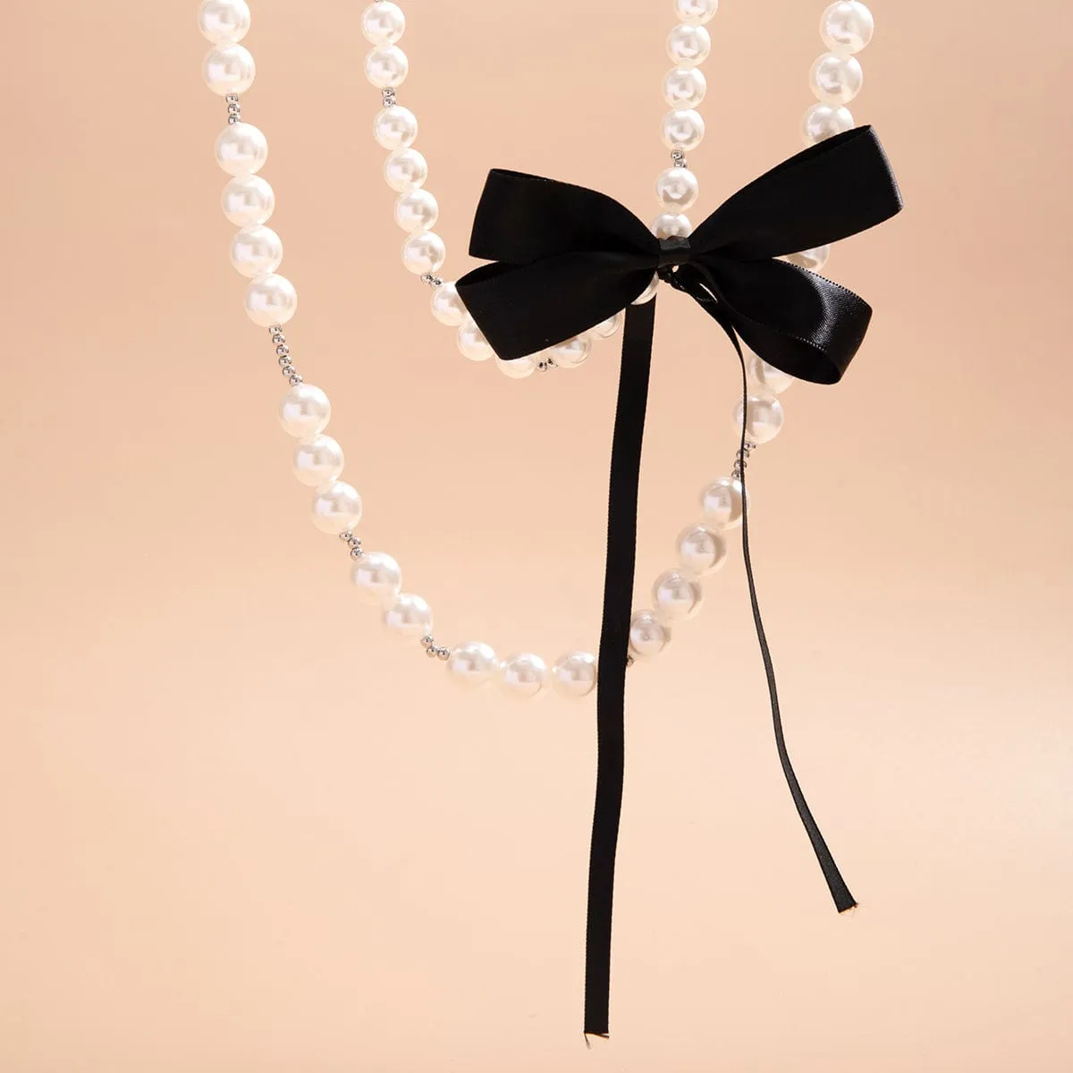 Chic Layered Bowknot Ribbon Pearl Chain Choker Necklace Set