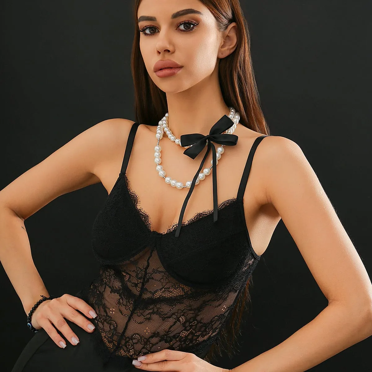 Chic Layered Bowknot Ribbon Pearl Chain Choker Necklace Set