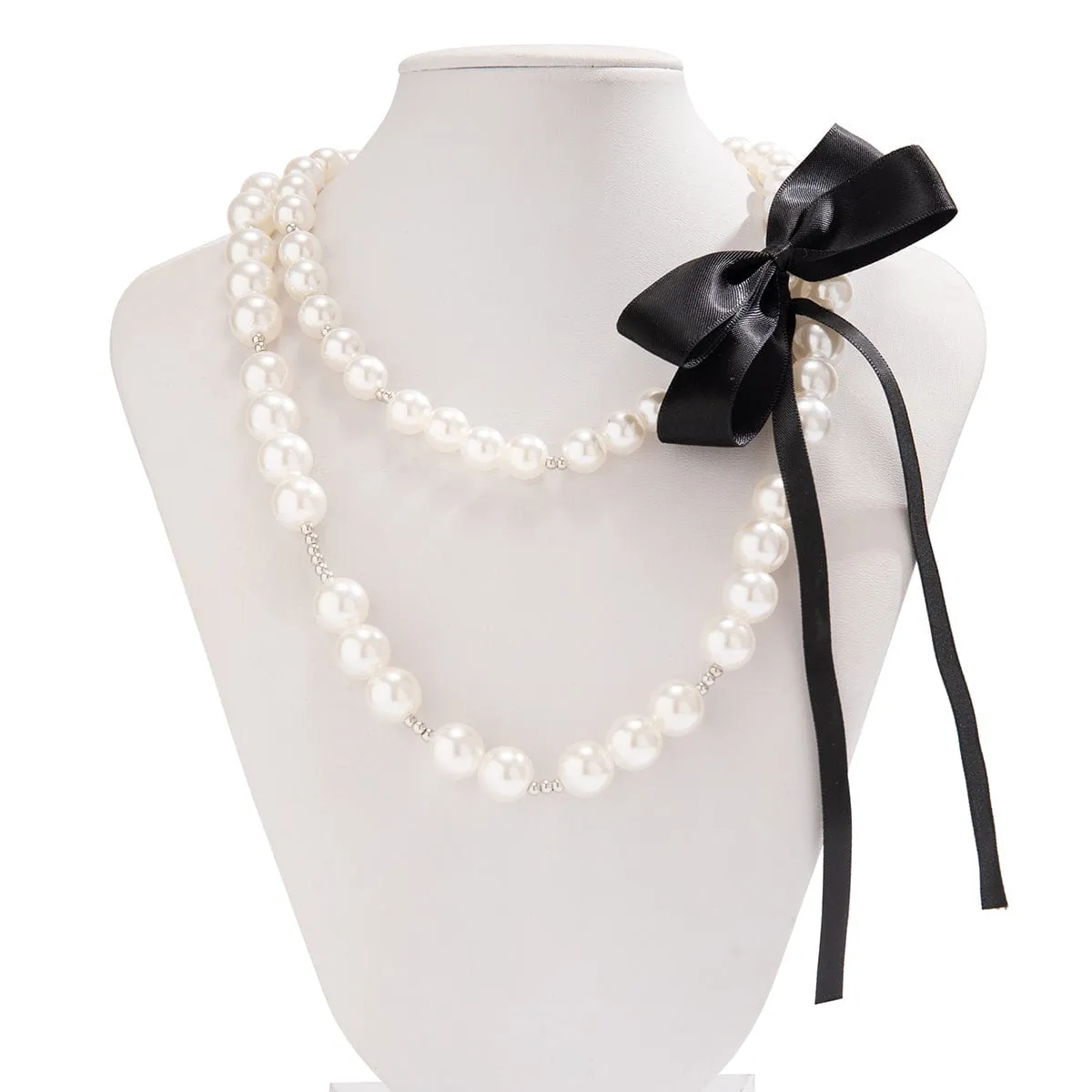 Chic Layered Bowknot Ribbon Pearl Chain Choker Necklace Set