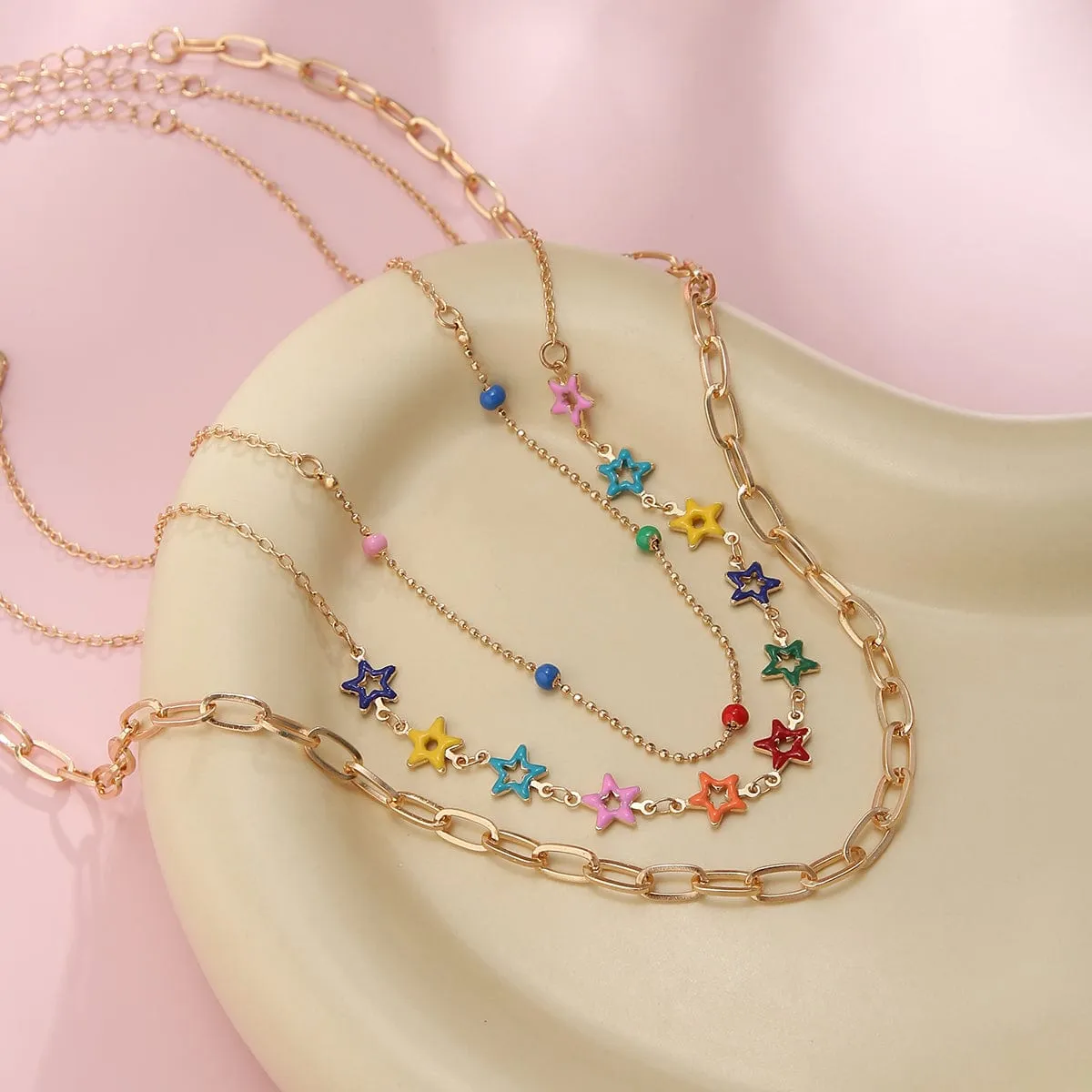 Chic Layered Colorful Enamel Star Chain Choker Necklace Set
