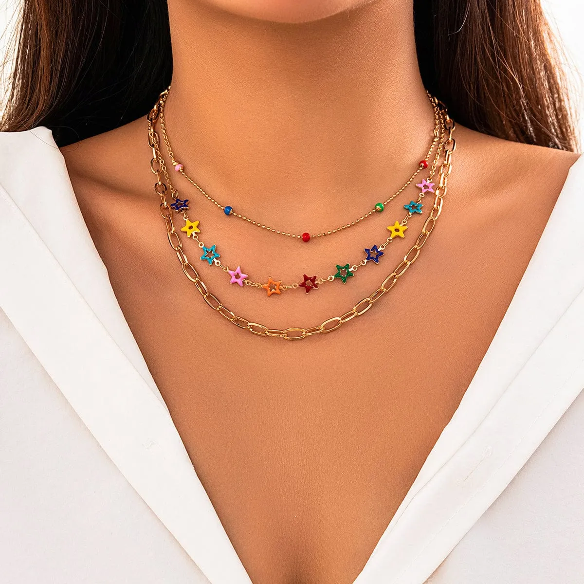 Chic Layered Colorful Enamel Star Chain Choker Necklace Set