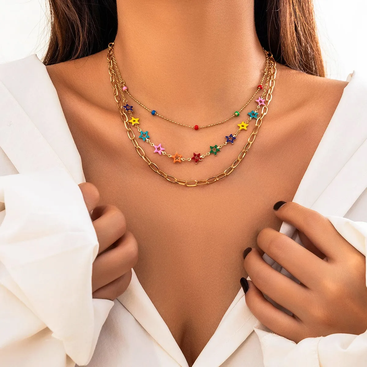 Chic Layered Colorful Enamel Star Chain Choker Necklace Set