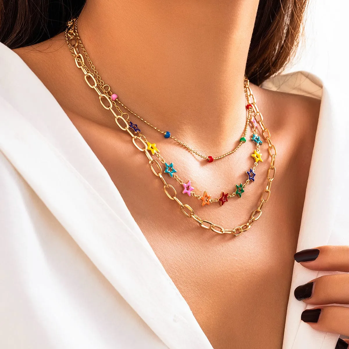 Chic Layered Colorful Enamel Star Chain Choker Necklace Set